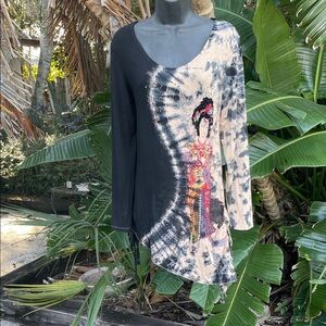 Kokomo tie-dyed asymmetric beaded dress with a geisha